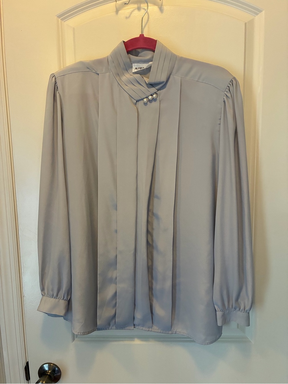 Alfred Dunner Pale Gray Pleated Mock-Neck Blouse with Decorative Buttons
